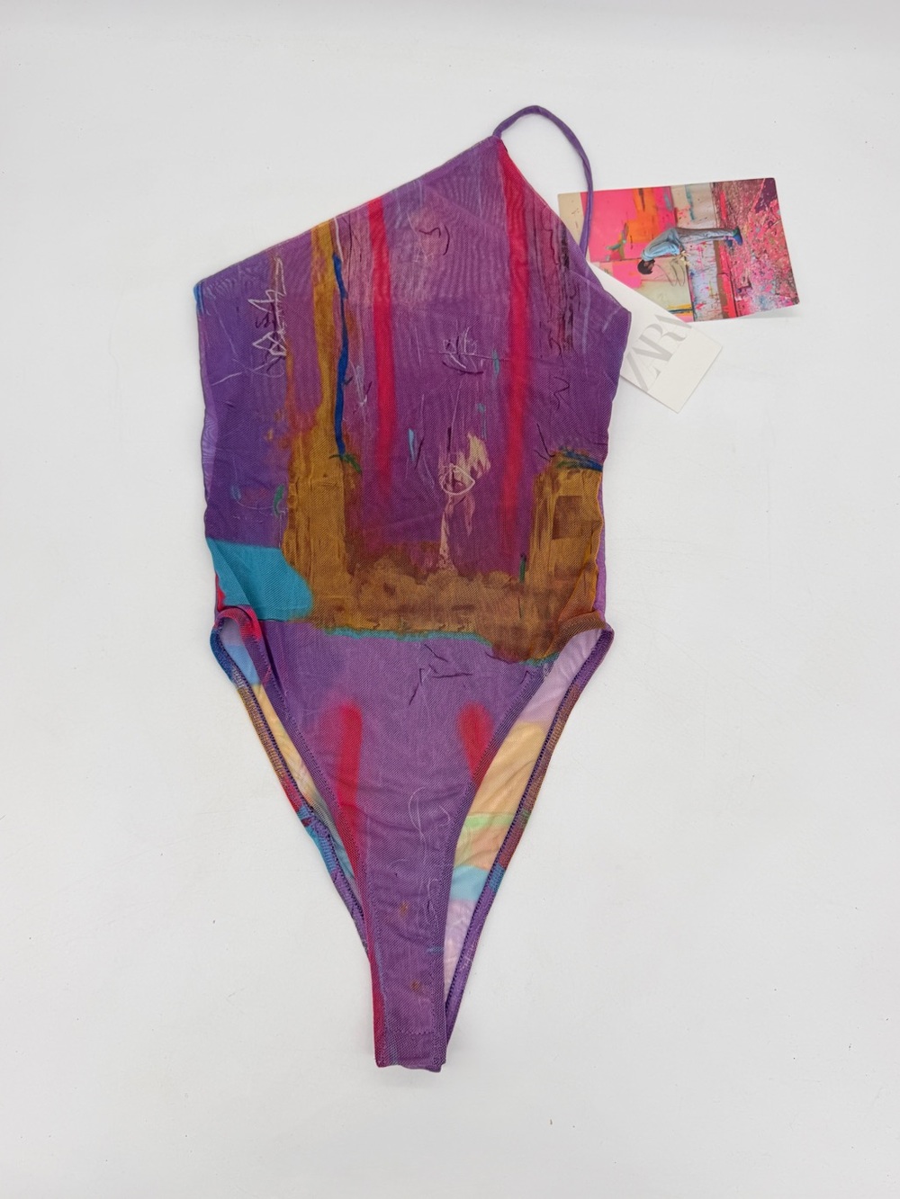 Zara × David Pher Abstract Print Asymmetric Bodysuit Purple Red Yellow S NWT